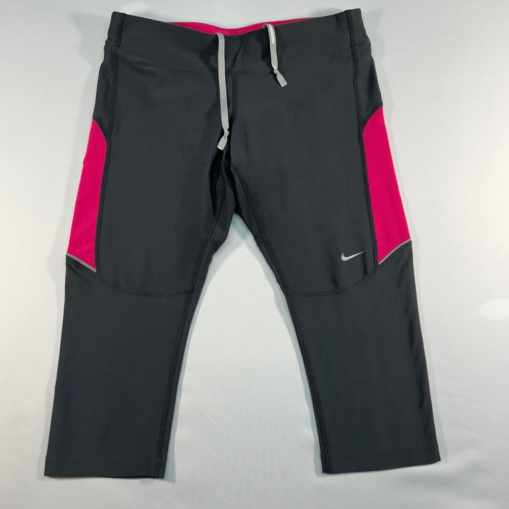 Nike Dri-FIT Womens Running Capri Leggings Gray Pink Small Zip Pocket Reflective